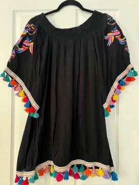 Judith March Embroidered Bird Pom Black Blouse Bohemian Small